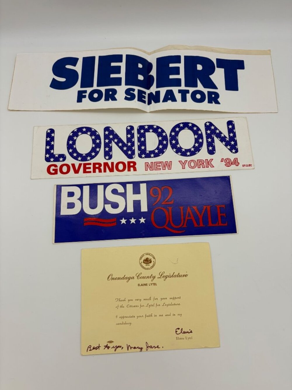 Vintage NY Political Bumper Sticker Lot Bush Quayle 92 London Siebert Lytel Card